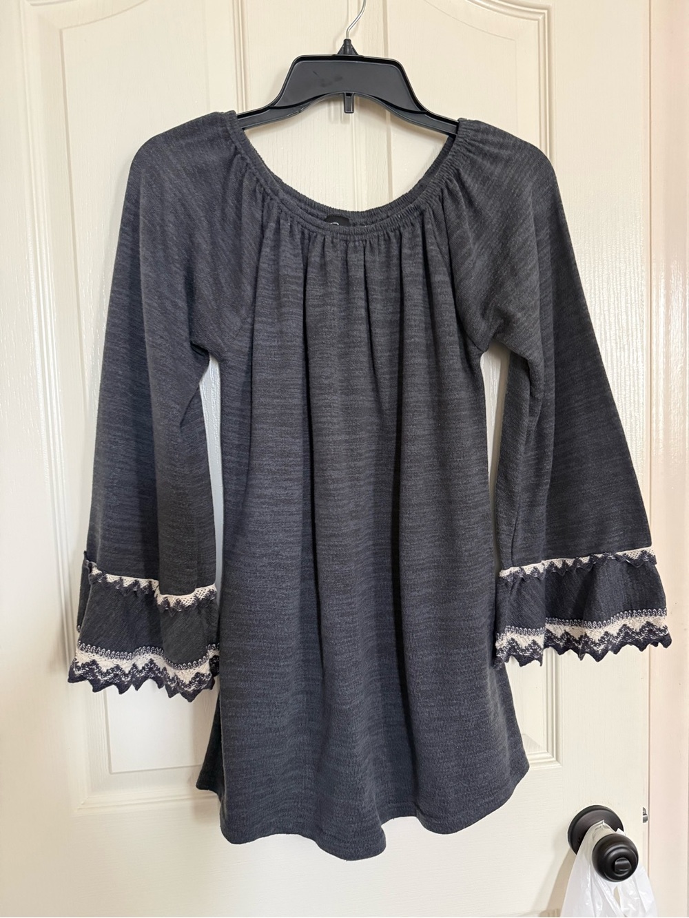 WinWin Charcoal Gray Peasant Tunic with Lace-Trim Bell Sleeves